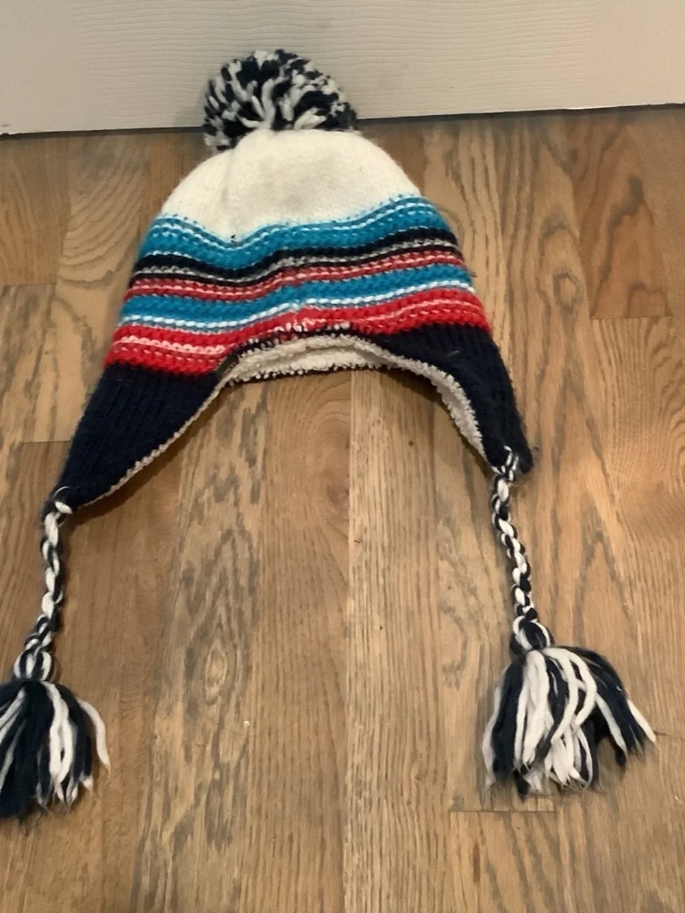 L.L. Bean Kids Striped Earflap Beanie with Pom-Pom - White, Navy, Red & Blue